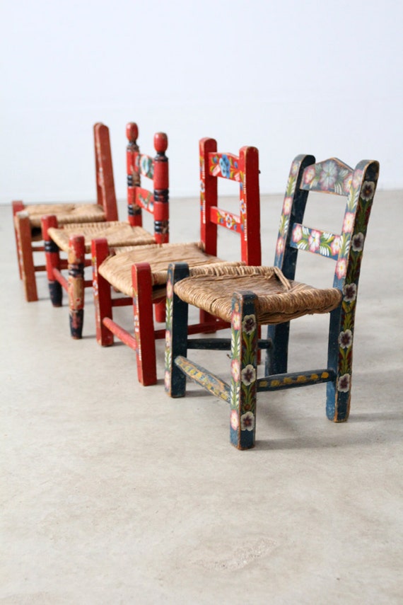 Items similar to vintage kids folk art chair collection, painted rush
