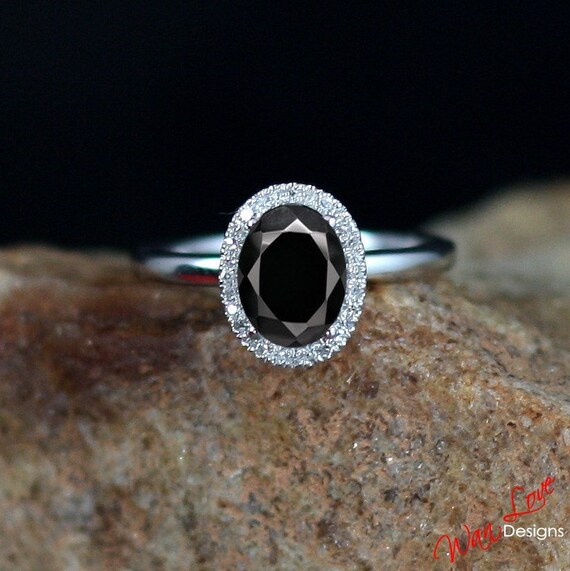 Black Spinel & Diamond Halo Engagement ring 1ct Oval plain band 1ct ...