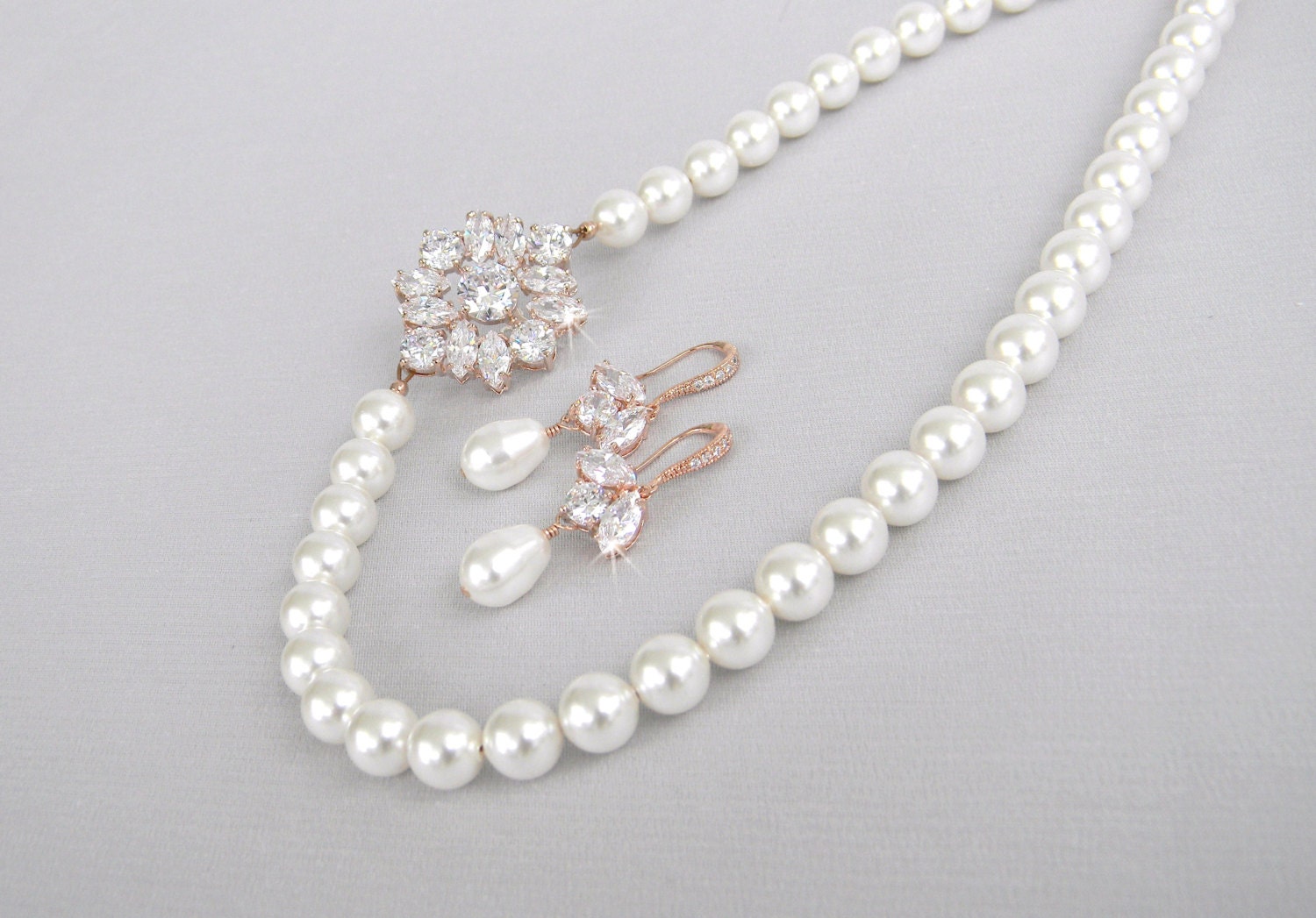 Rose Gold Bridal Jewelry SET Pearl Wedding by CrystalAvenues