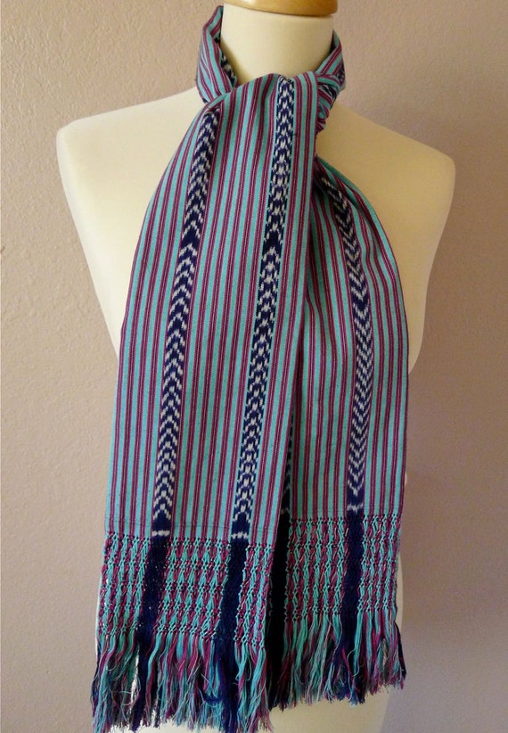 Mexican Rebozo Neck Scarf Red/Turquoise/Drk Blue ikat