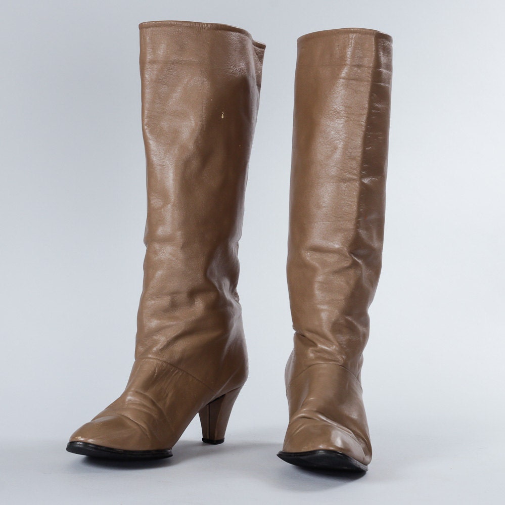 Taupe Tall Leather Boots Low Heel Rounded Toe 2