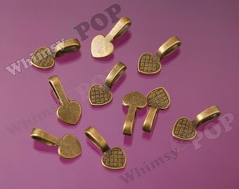 10 - Large Antique Bronze Bails, Glue On Flat Pad Bails, Heart Bails, 22mm x 11mm, 10mm Glue Pad (R6-178)