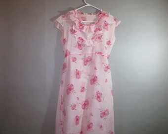 Vintage 1930's Summer Dress // Light Cotton // Cap Sleeve // Back Tie // Pink Floral // Ruffles...small