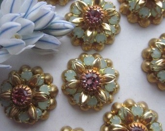 Vintage Swarovski Green Opal And Light Rose Crystal Flowers