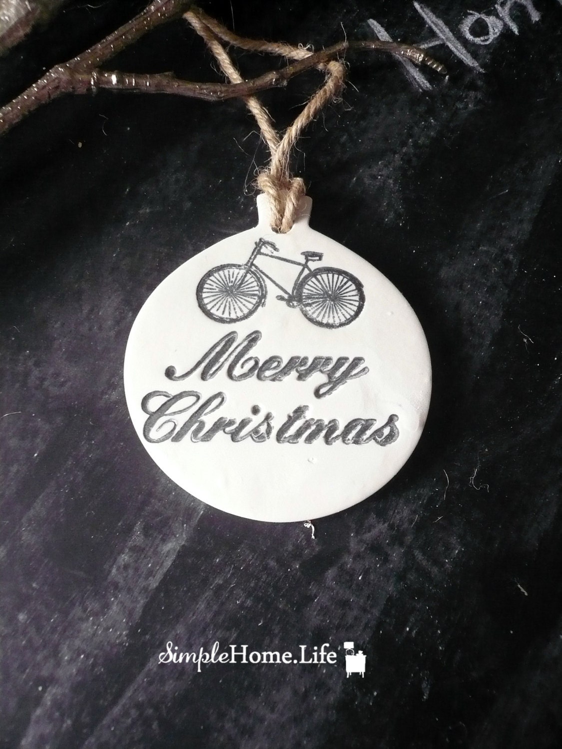 Bicycle & Merry Christmas Clay Tag- Ornament, Decoration, Gift Wrapping and Holiday