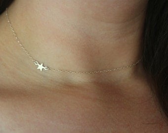 Tiny Star Necklace, Dainty Silver Necklace, Small Silver Star Necklace, Delicate Silver Sideways Necklace, Short Silver Choker Necklace