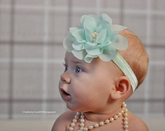 Minty Green and Pearl Flower Headband - Baby Girl Light Mint Green Hair Bow