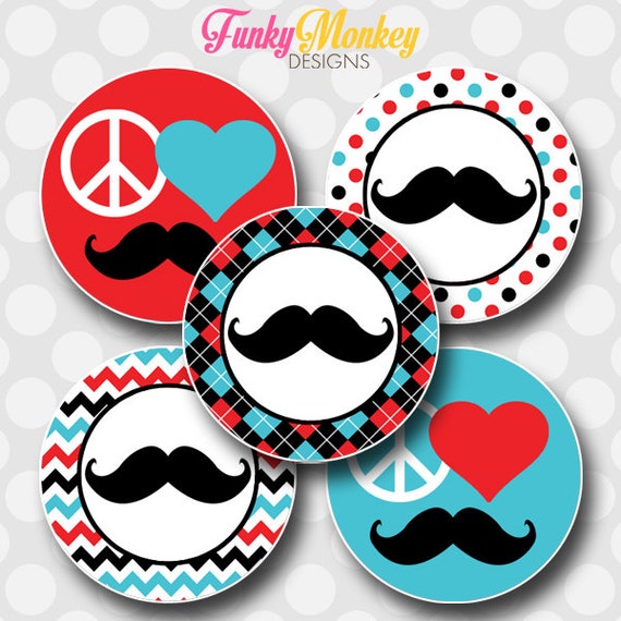INSTANT DOWNLOAD Red & Blue Peace Love Mustache 4x6 Digital 1" Inch Bottle Cap Image/Digital Collage sheet Il_570xn