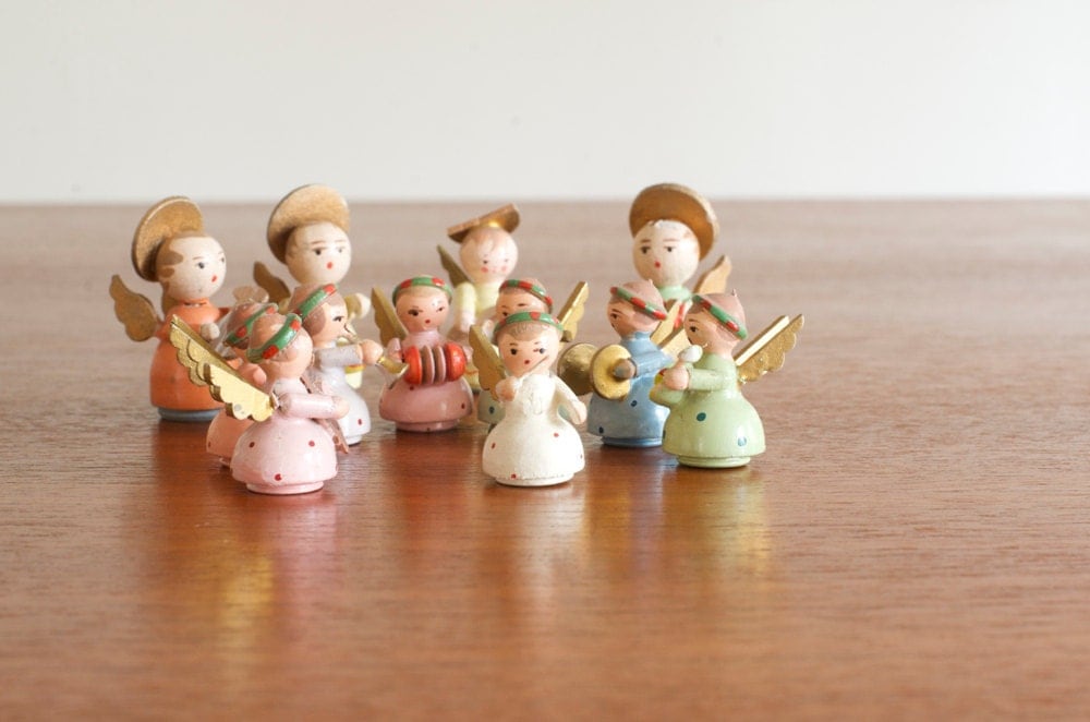 Vintage Wooden Angel Orchestra Figurines Italy Set of 12 Mid