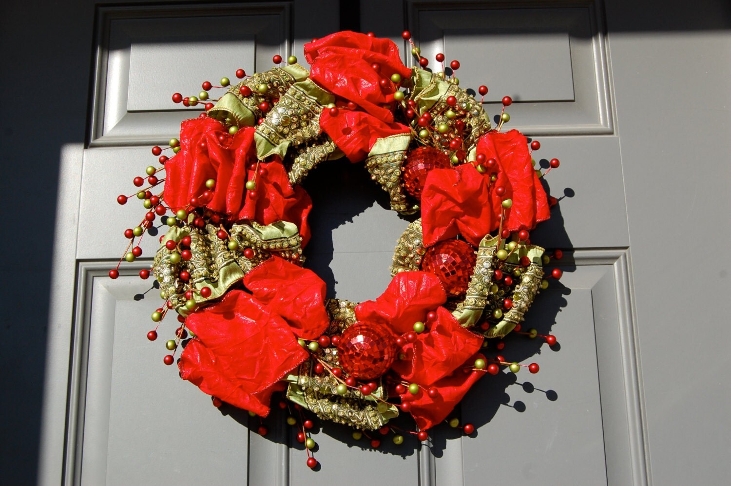 Christmas Wreaths, Ribbon Wreaths, Red and Green, Jeweled Ribbon, Jewel Tones, Berry Wreaths, 20 Inch