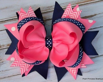 Girls hair bows Navy blue Pink Hair bows Stacked Hair Bow Big hair bows Boutique hair bows Chevron, Polka Dot, Headband, Babies, toddlers