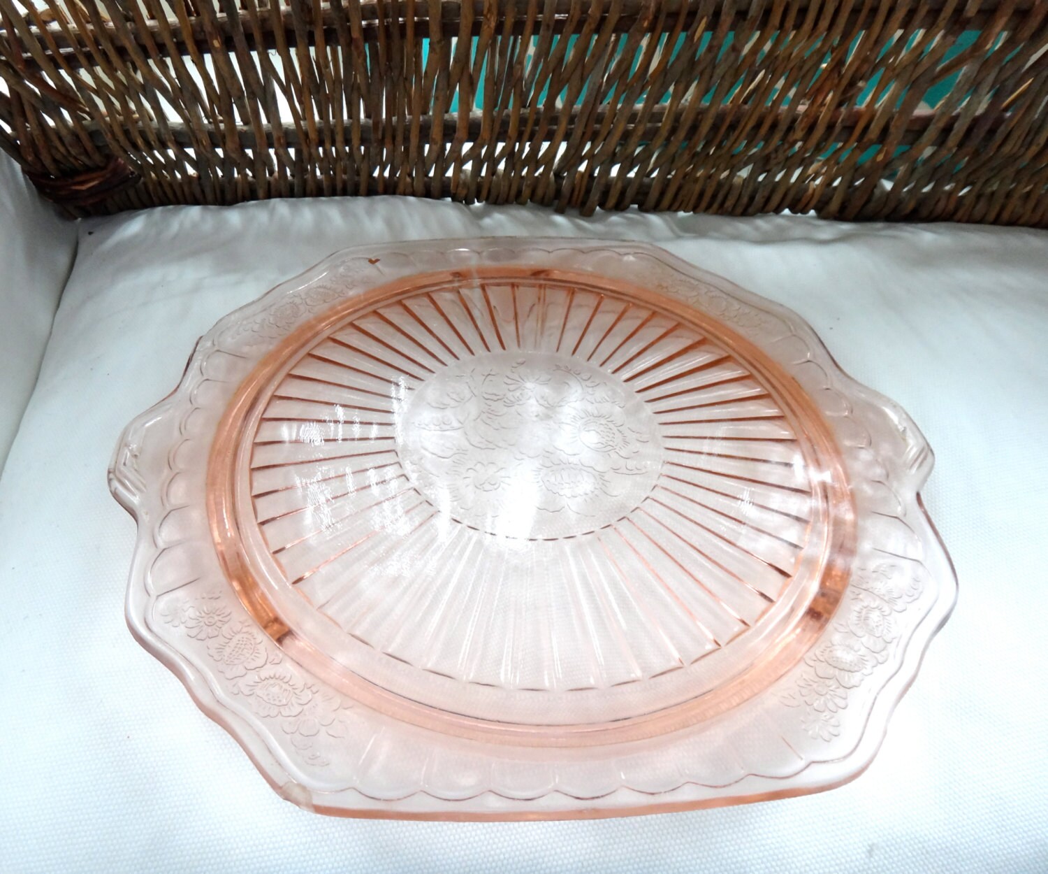 Vintage Pink Depression Glass Cake Plate Mayfair Open Rose