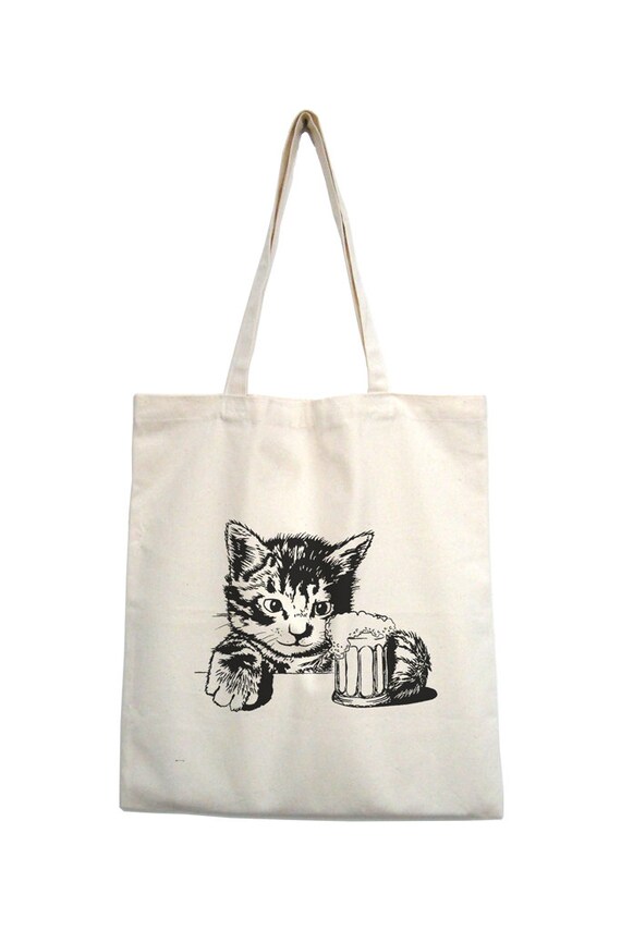 Cat Tote Bag Screen Printed Beer Diaper Bag by smiletee on Etsy