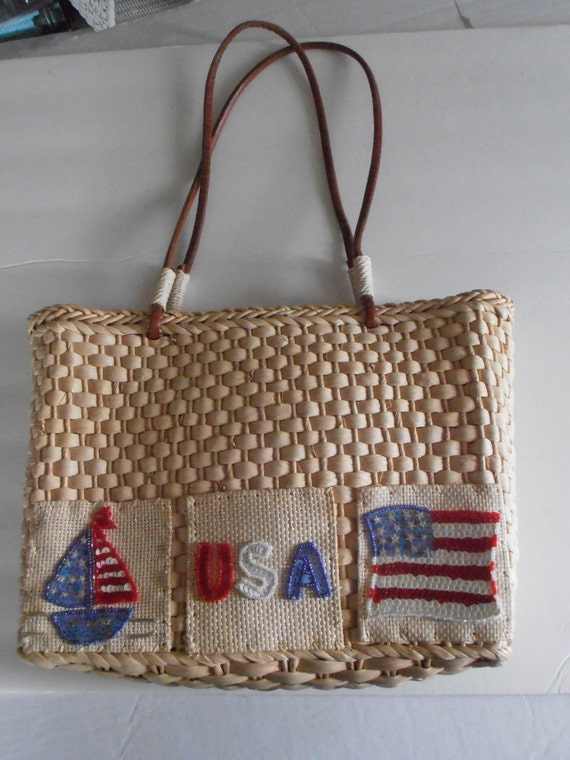 Patriotic Straw purse with leather handles and lining