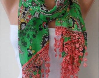 Green Floral Chiffon Scarf with Lace Edge - Gift