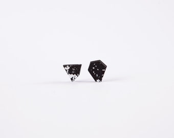 Abstract Black with Silver Flakes Earring Stud