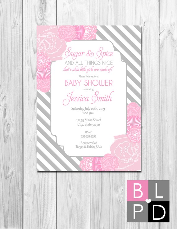 Sugar and Spice Baby Shower Invitation - Stripes - Pink and Grey - DIY - Printable Il_570xn