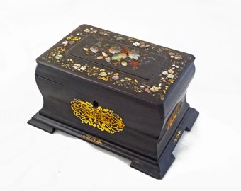 Antique Ebonized Papier Mache Tea Caddy Box Mother of Pearl Victorian