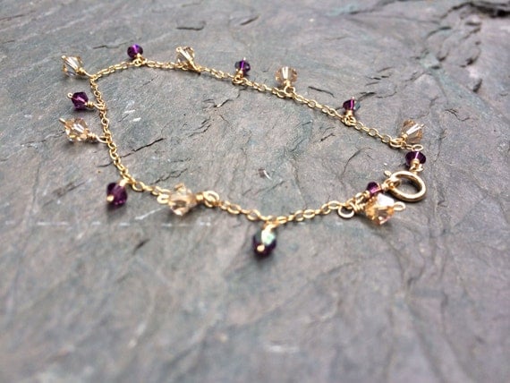 Dainty Gold Filled Charm Bracelet with Swarovski Crystals in Purple and Gold, thin, charm, wrapped, handmade