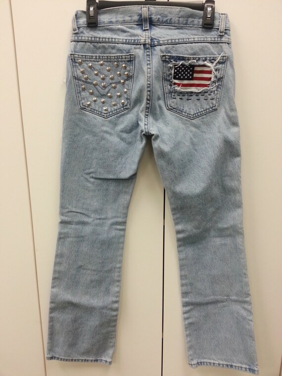 Leather & Lace Patched Flag Studded Jeans by CrazySexyChic