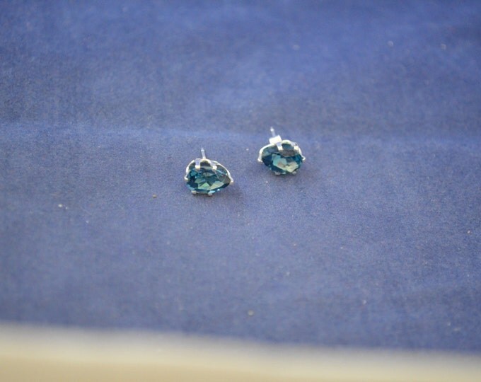 Blue Topaz Stud Earrings , Natural, 9x6mm Pear Shape, Set in Sterling Silver E281