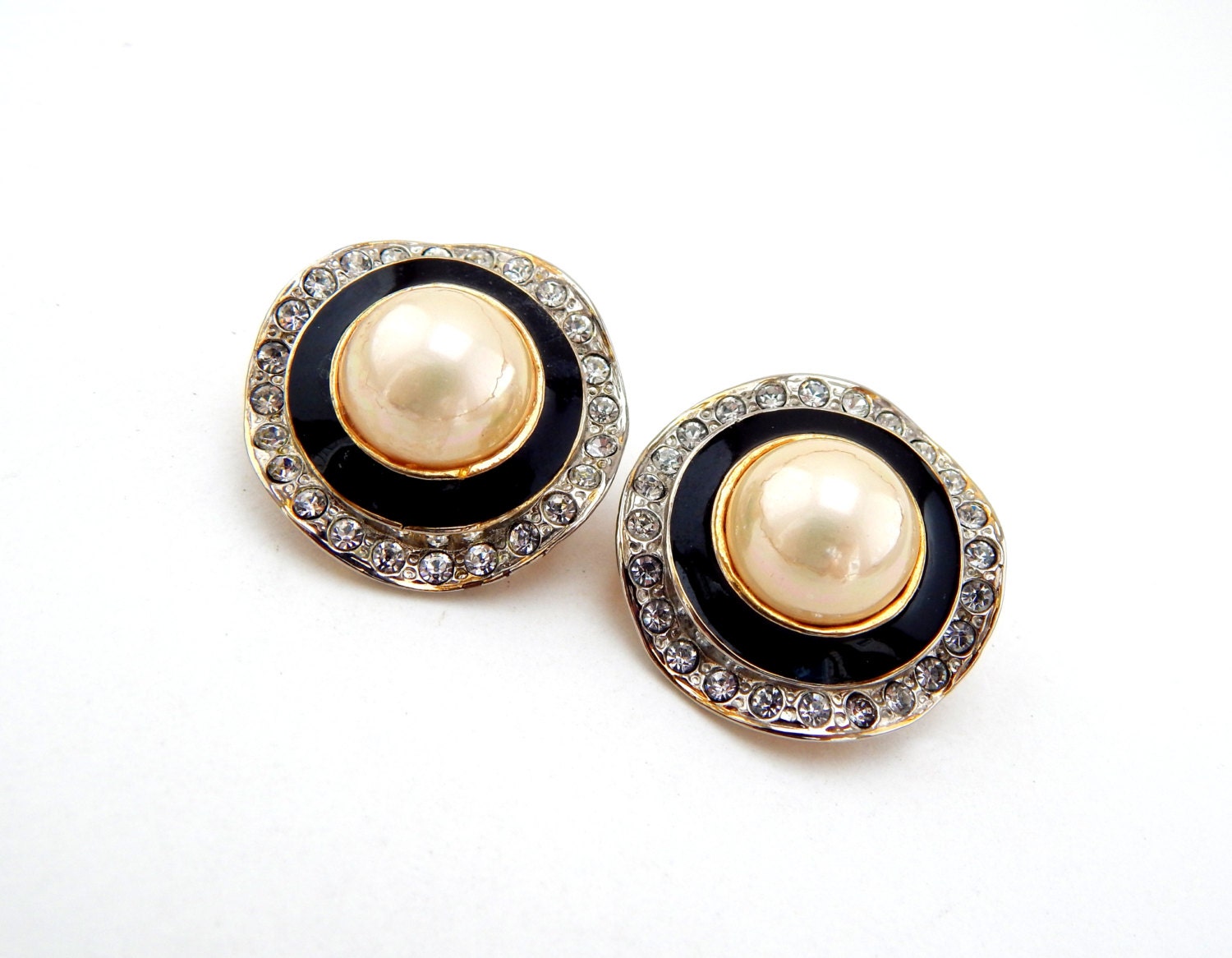 Vintage Black Enamel Faux Pearl Rhinestone Clip Earrings