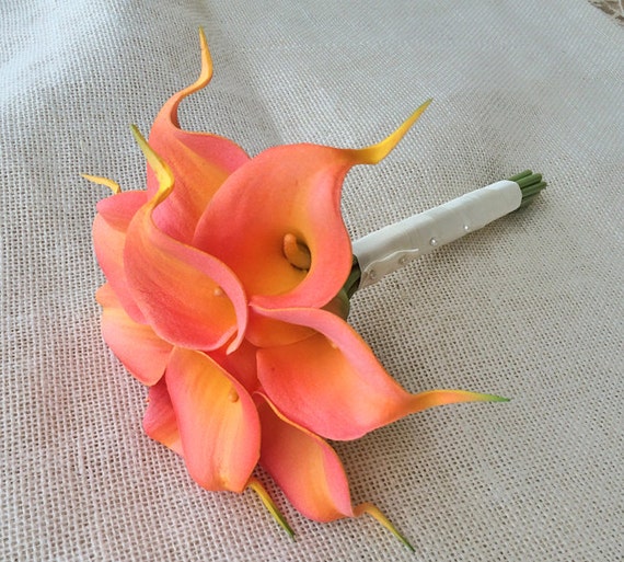 Coral Silk Wedding Bouquet With Calla Lilies Coral Orange