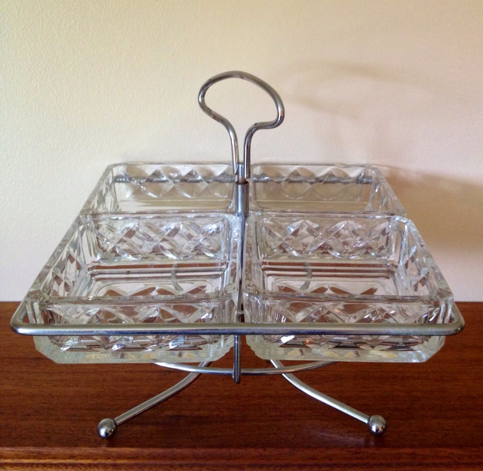 Mid Century Chrome & Glass Relish Tray / Vintage Lazy Susan