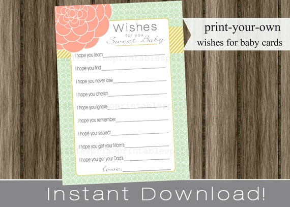 Baby Shower Wishes for Baby girl , mint and coral and gold , INSTANT DOWNLOAD diy digital printable file print your own , babyshower idea Il_570xn