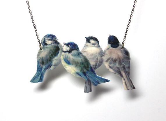 Bird necklace, vintage necklace, blue necklace, Blue Tits necklace, romantic necklace, handmade necklace, bird jewellery