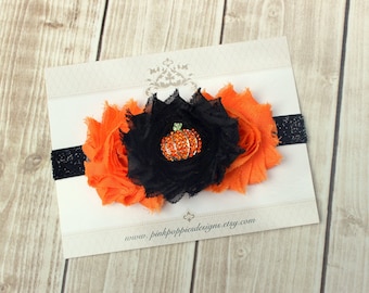 Halloween Headband, Baby Headband, Pumpkin Headband, Black Glitter Headband, Halloween Hair Bow, Orange Black Headband, Baby Headband