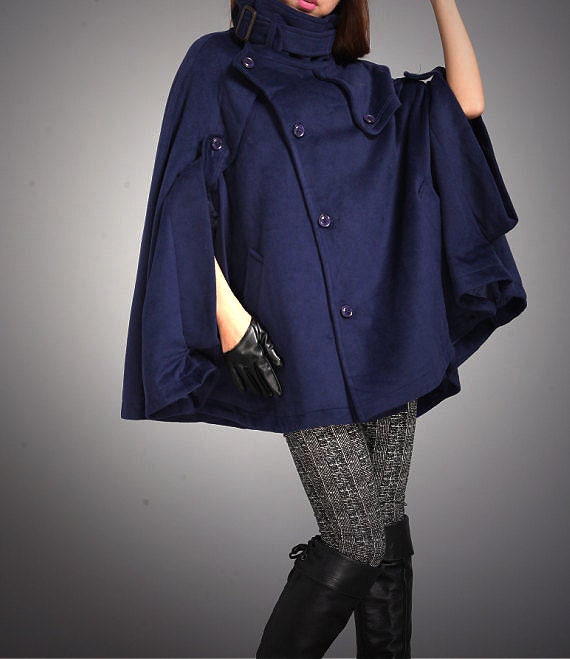 Blue Plus Size Cape Coat Wool CloakWH036 ML by dresstore2000