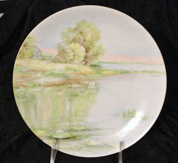 Antique Artist Signed Hand Painted Porcelain Plate 1900s Austria Austrian Water Lilies Pond Lotus Flowers Riverbank Scene Scenic Nature