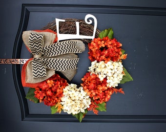 Fall Hydrangea wreath- Monogram Wreaths for door - Wreath - Door Wreaths - Fall Wreaths for door - Wreath for door