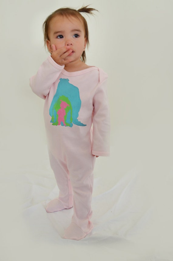 Monsters Inc inspired Organic cotton baby sleepsuit/bodysuit/footed pyjamas/onesie/playsuit. Pink or blue. Screen printed by hand.