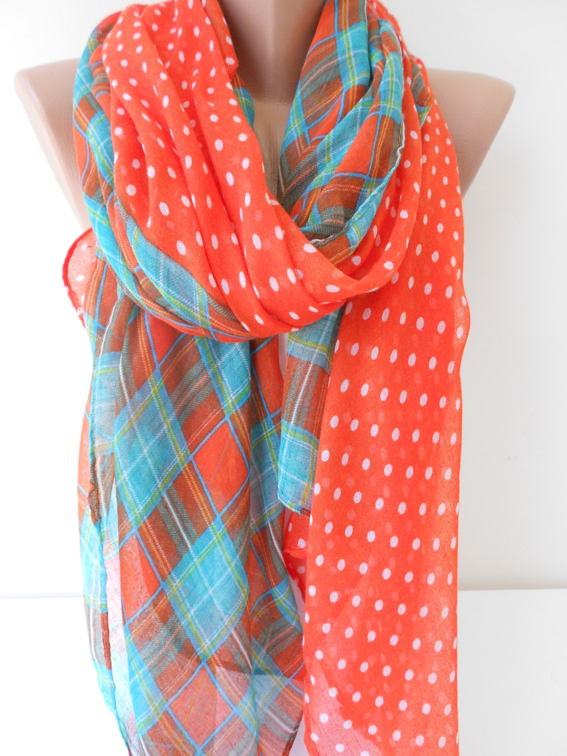 Blue and Red Plaid Scarf Shawl Checked Cowl Scarf by MiracleShine