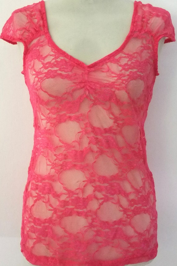 Hot Pink Sheer Mesh Top Pink Lace Camisole Leotard Style