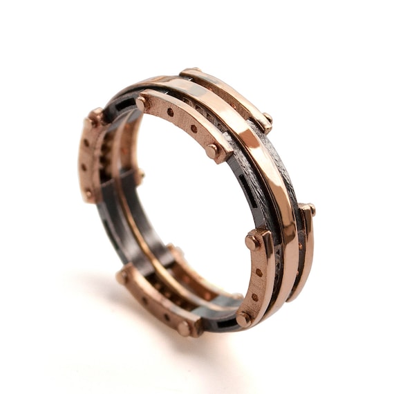 Gold Wedding Band, Men's 18K Rose Gold and Oxidized Silver Wedding ...