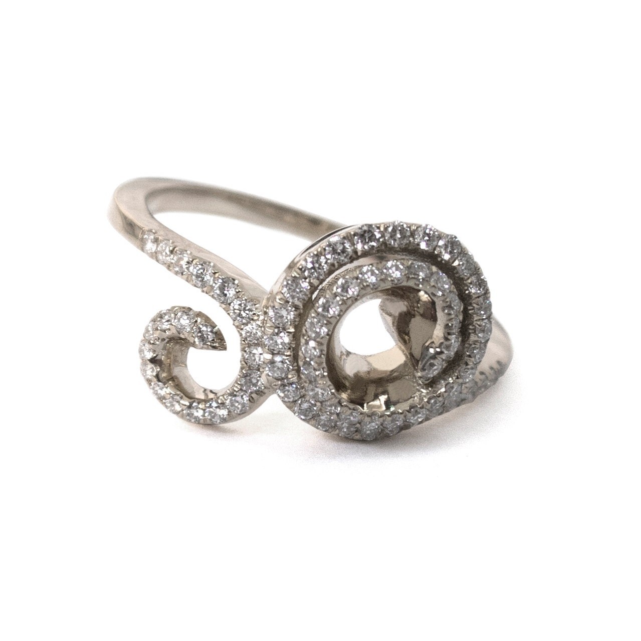 Spiral Ring 18K Solid White Gold Diamond Ring Pave Setting