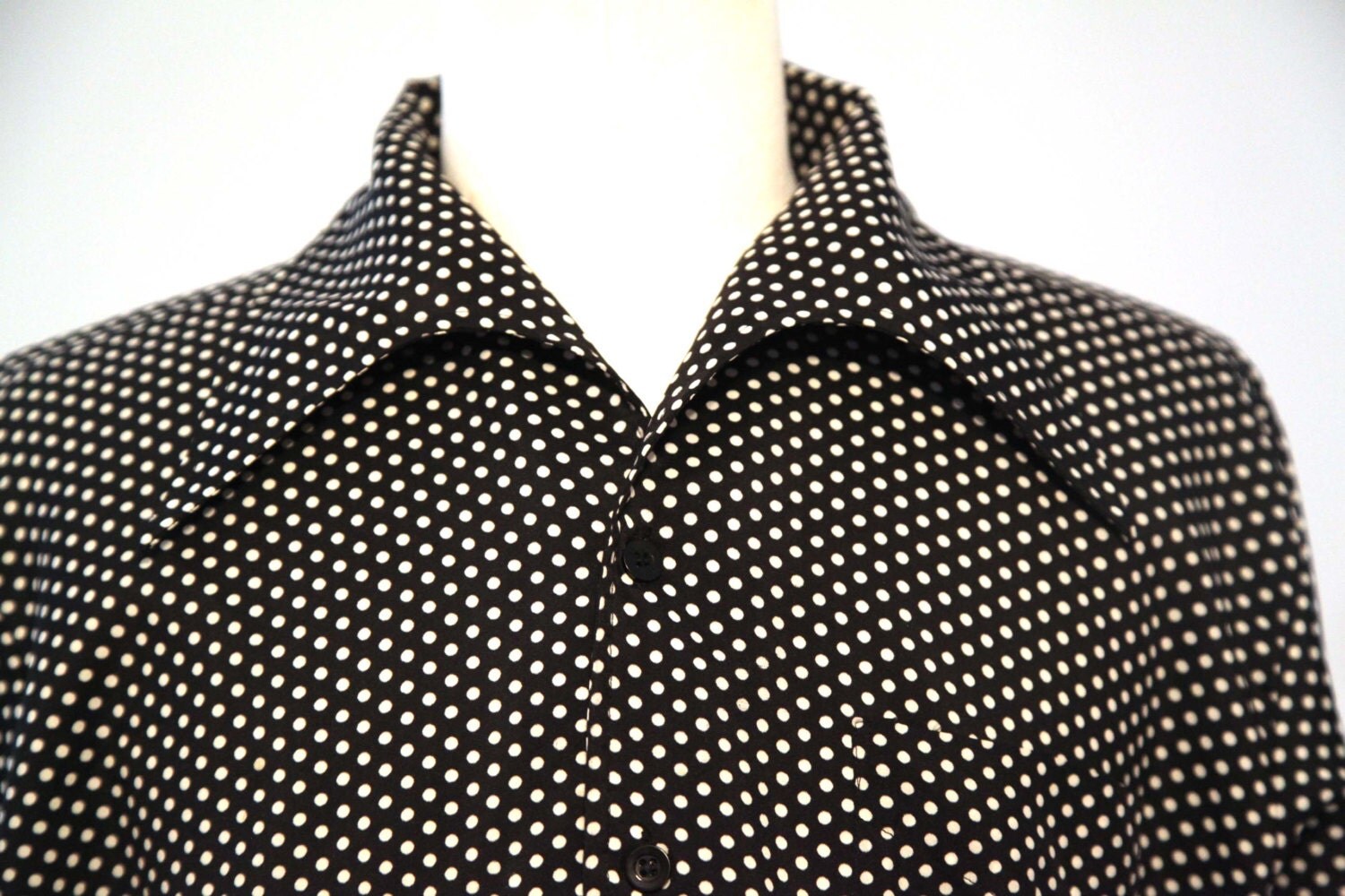 Vintage 70s polka dot mens shirt black and white campus