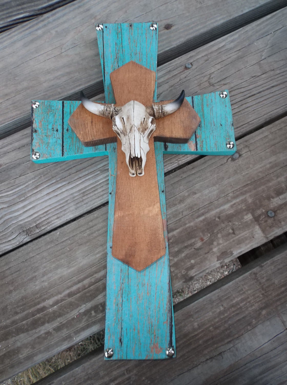 Western Cowboy Decor Turquoise Wood Cowhead by TwistedRDesign