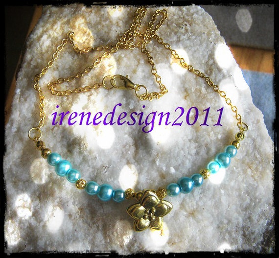Handmade Gold Necklace with Turquoise Pearls & Flower by IreneDesign2011