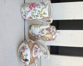 Crown Staffordshire Antique Tea Pot, Creamer and Sugar Famille Rose Pattern