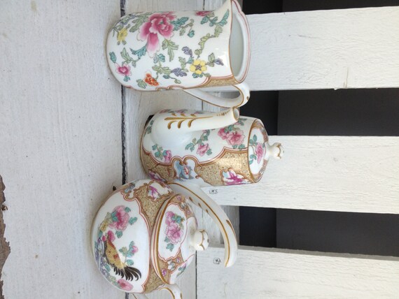 Crown Staffordshire Antique Tea Pot, Creamer and Sugar Famille Rose Pattern