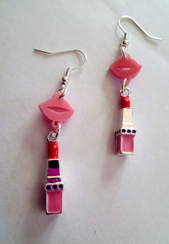 Pink Lips and Lipstick Dangle Earrings