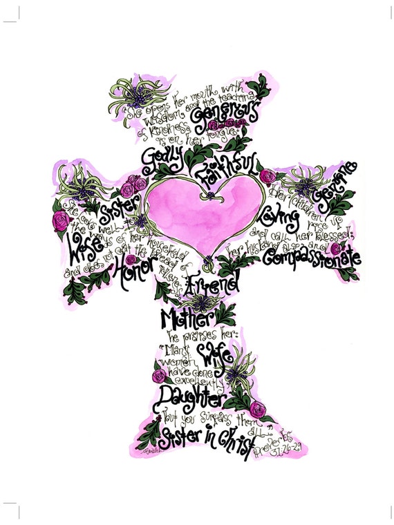 proverbs 31 print of hand drawn cross scripture art