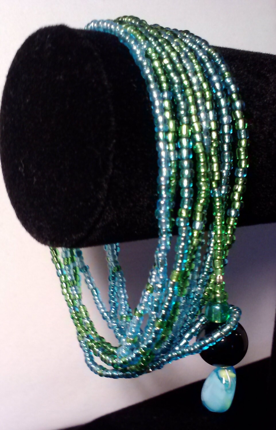 Handmade Beaded Lariat Necklace in Blue Green and Aqua with