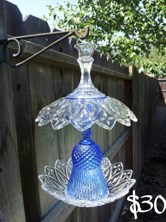 Blue and clear glass hanging bird feeder by SingleMommyMadness