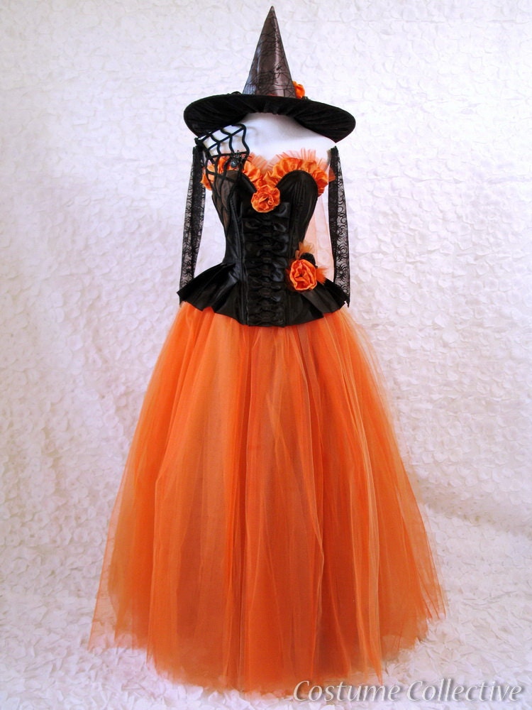 Spiderweb Witch Costume Black &amp; Orange Corset Dress with