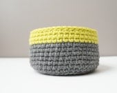 Neon Color Block Basket / Grey and Neon Stripe / Crochet Neon Bowl / Neon Green Yellow Crochet Basket